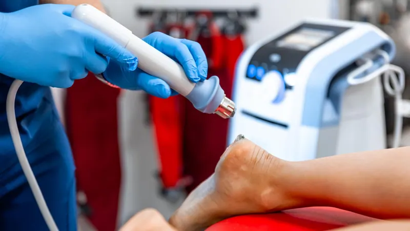 Clinician holding a treatment applicator near a patient’s heel